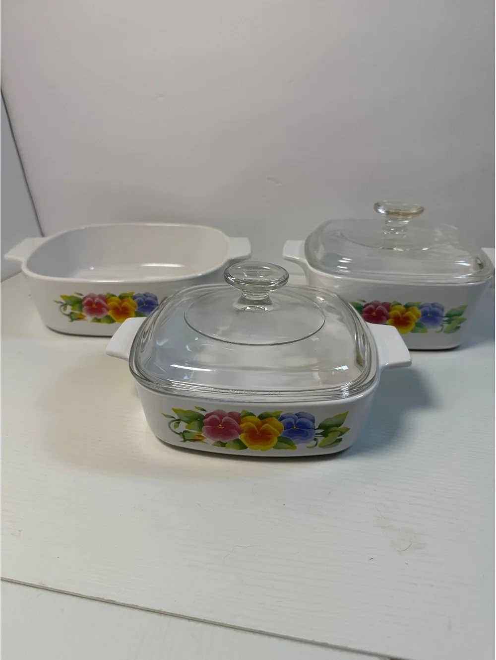 3 Vintage Corning Ware Summer Blush 2L, 1.5L & 1L Casserole Dish Pansies w/lids